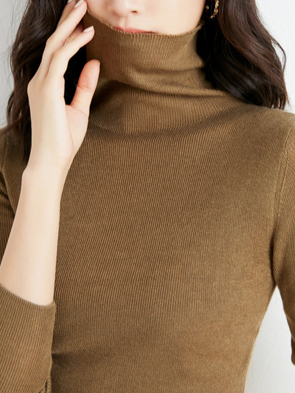 xakxx Simple Skinny Long Sleeves Solid Color High-Neck Sweater Tops Pullovers