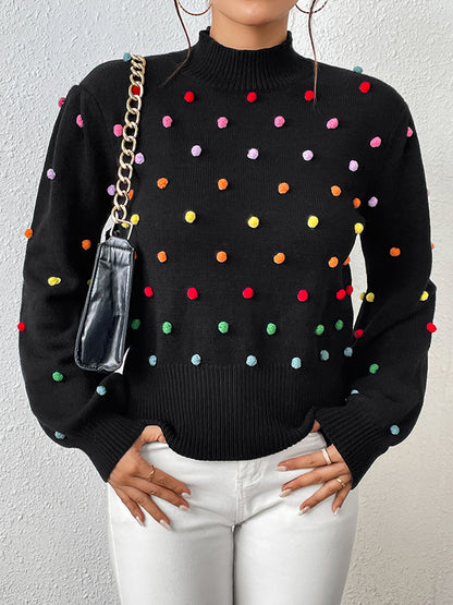 xakxx Long Sleeves Loose Pompom Triming Round-Neck Knitwear Pullovers Sweater Tops