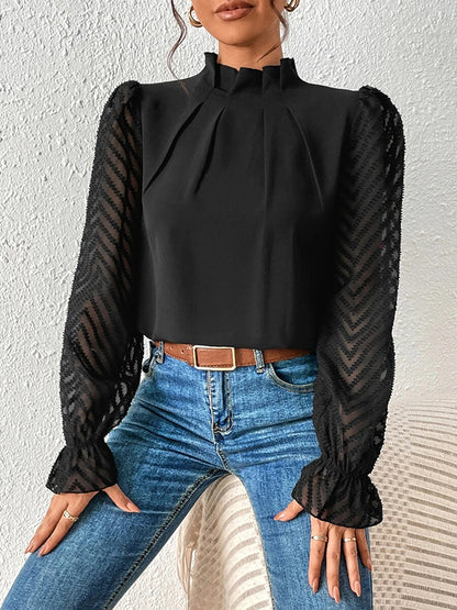 xakxx Long Sleeves Loose Elasticity Mesh Pleated Solid Color Mock Neck Blouses&Shirts Tops
