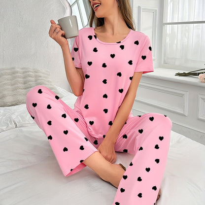 Womens Pajama Set - Soft and Breathable Short Sleeve T-shirt, Cozy Long Pants, Adorable Love Heart Print Design, Ultra-Comfortable Loungewear for Relaxation, Versatile Casual Outfit - Perfect for Home Wear and Outdoor Activities, Ideal for Lounging Around
