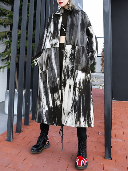 xakxx Long Sleeves Loose Drawstring Split-Joint Zipper Round-Neck Trench Coats