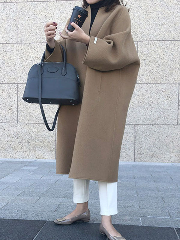 xakxx Long Sleeves Loose Solid Color Collarless Woolen Coat