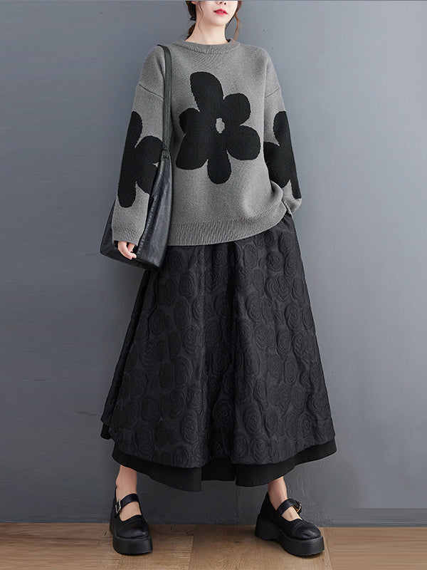xakxx Casual Loose Long Sleeves Contrast Color Jacquard Round-Neck Sweater Tops