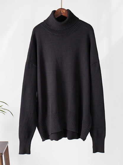 xakxx Long Sleeves Loose Solid Color High Neck Knitwear Pullovers Sweater Tops