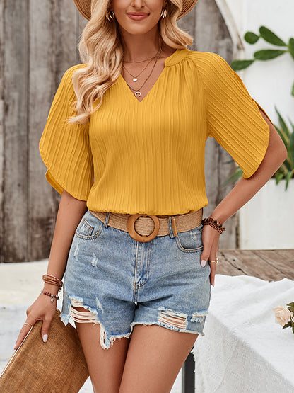 xakxx Loose Short Sleeves Hollow Pleated Solid Color V-Neck T-Shirts Tops