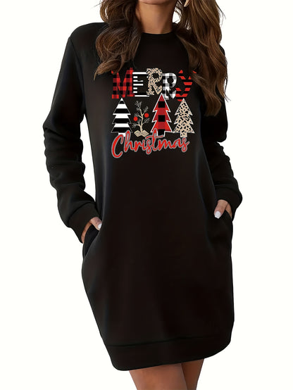 Cozy Fleece-Lined Christmas Sweatshirt Dress with Pockets - Long Sleeve, Round Neck, Festive Letter Print for Women