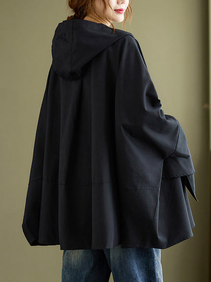 xakxx Loose Solid Color Buttoned Hooded Long Sleeves Trench Coat