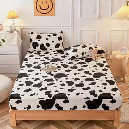 3-Piece Cow Print Fitted Sheet Set - Snug & Stylish Bedding for Bedrooms, Guest Rooms, and Hotels - Includes 2 Pillowcases, No Comforter