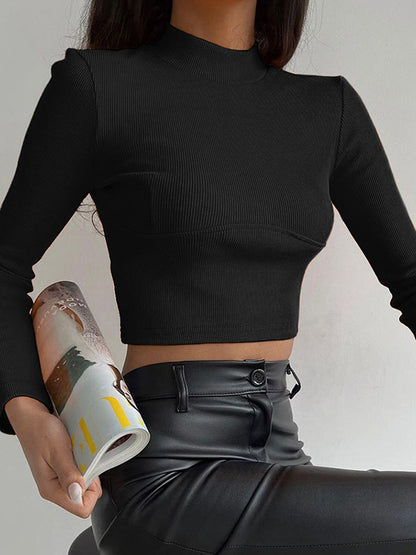 xakxx Long Sleeves Skinny Solid Color Mock Neck T-Shirts Tops