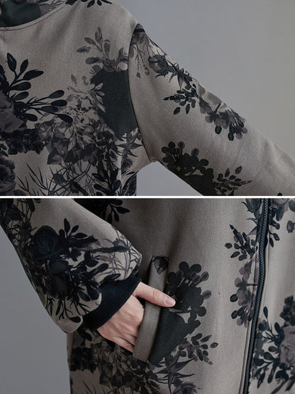 xakxx Artistic Retro Loose Floral Printed Hooded Long Sleeves Outwear