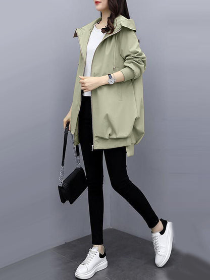 xakxx Casual Loose 4 Colors Pleated Zipper Hooded Long Sleeves Outwear