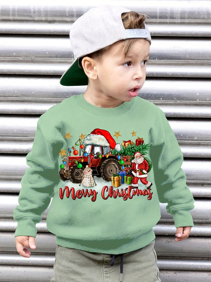 Boys' Cozy Fleece-Lined Christmas Sweatshirt with Festive Tractor Print - Casual Long Sleeve Pullover for Fall/Winter