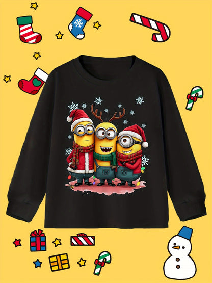 Boys' Minions Cartoon Christmas T-Shirt, Casual Cotton Long Sleeve Top, Festive Holiday Gift, Perfect for Birthday, Outdoor Wear, Loose Fit, Knit Fabric, Round Neck, Cartoon Pattern, Spring/Autumn Season