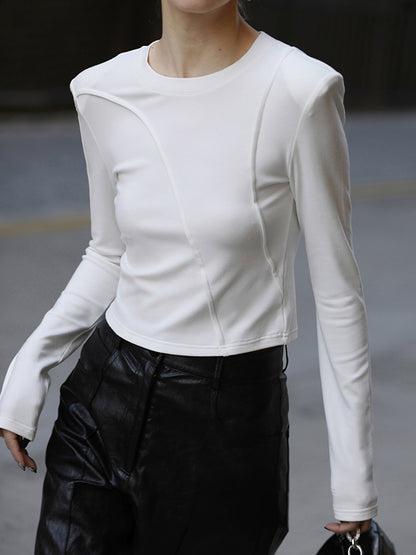 xakxx Long Sleeves Skinny Shoulder Pad Solid Color Round-Neck T-Shirts Tops