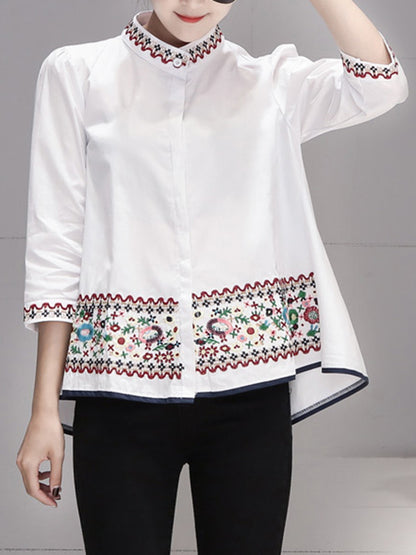 xakxx Loose Three-Quarter Sleeves Buttoned Embroidered Stand Collar Blouses&Shirts Tops