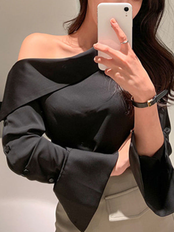 xakxx Long Sleeves Asymmetric Buttoned See-Through Solid Color One-Shoulder Blouses&Shirts Tops