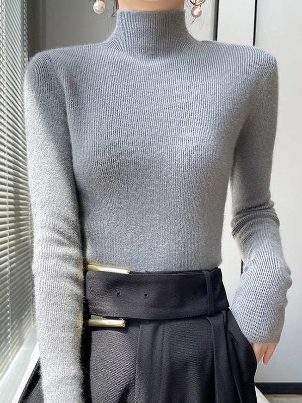 xakxx Casual Skinny Long Sleeves Solid Color Half Turtleneck Sweater Tops