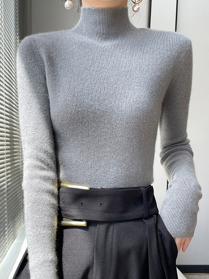 xakxx Casual Skinny Long Sleeves Solid Color Half Turtleneck Sweater Tops