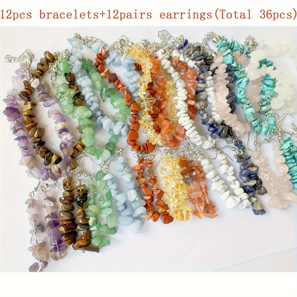 36pcs/set Handcrafted Bohemian Natural Stone Jewelry Set - Unique Irregular Design, Adjustable Bracelets and Earrings for Women, Perfect for Daily Wear, Vacations, Christmas, Halloween Gifts