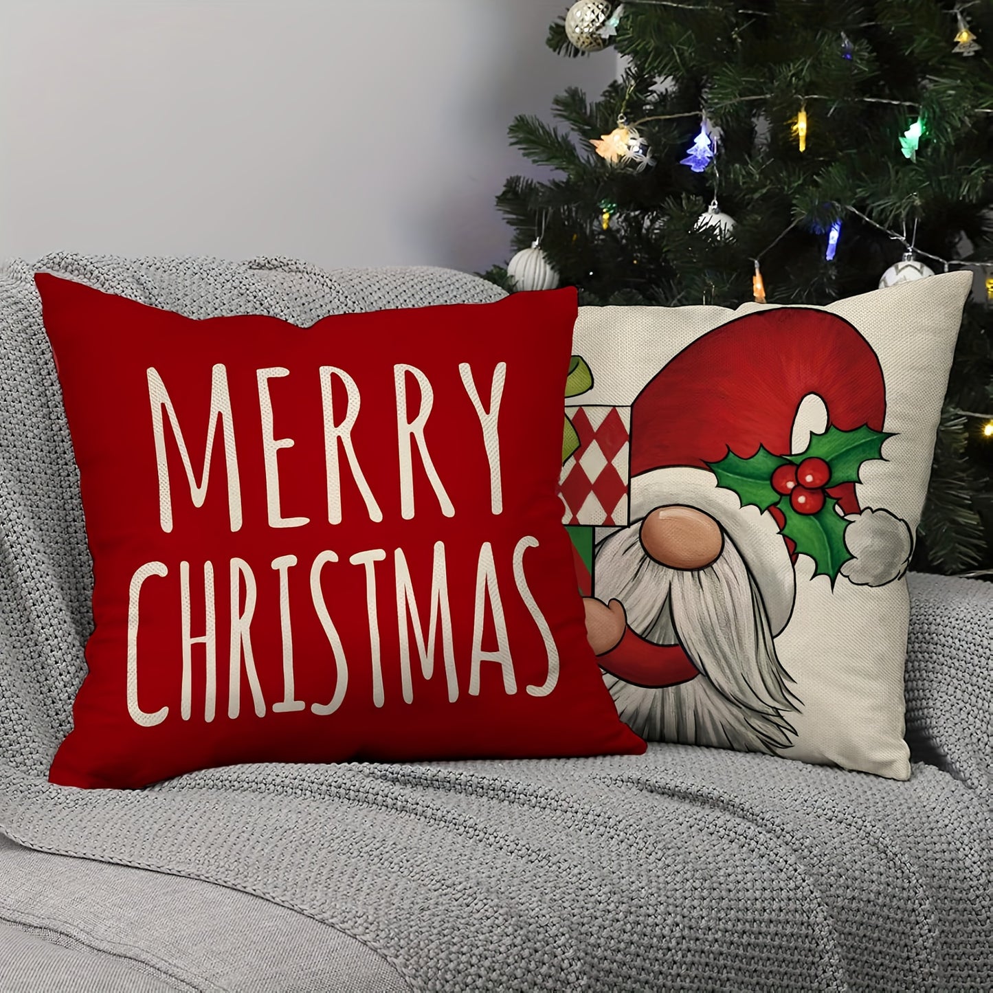 [Customer Favorite] 4pcs Merry Christmas Gnome Decorative Throw Pillow Cover Xmas Tree Holly Jolly Red Porch Patio Home Decor, Winter Holiday Snowflakes Polka Dot Gifts Outdoor Sofa Couch Cushion Case 18inxhX18inch No Pillow insert