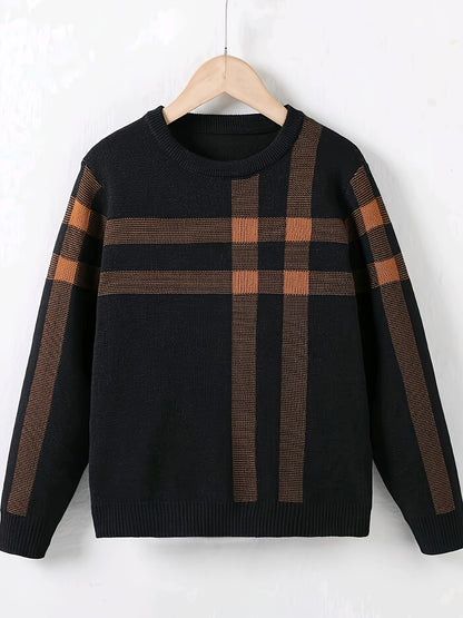 Boys Knit Pullover Sweater - Geometric Pattern, Long Sleeve, Spring/Autumn, Casual Regular Fit