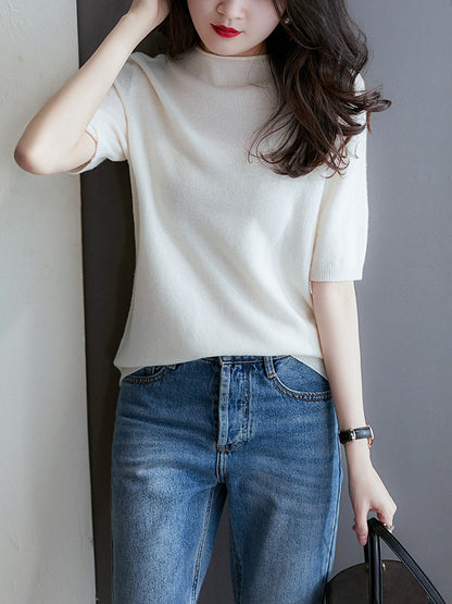 xakxx Simple Solid Color Round-Neck Short Sleeves Sweater