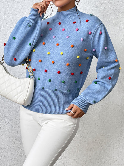 xakxx Long Sleeves Loose Pompom Triming Round-Neck Knitwear Pullovers Sweater Tops