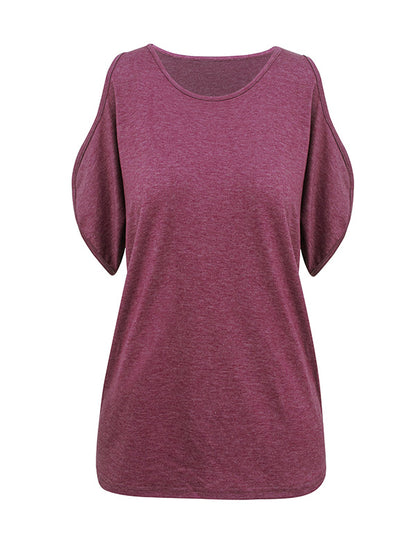 xakxx Loose Short Sleeves Hollow Solid Color Cold Shoulder T-Shirts Tops