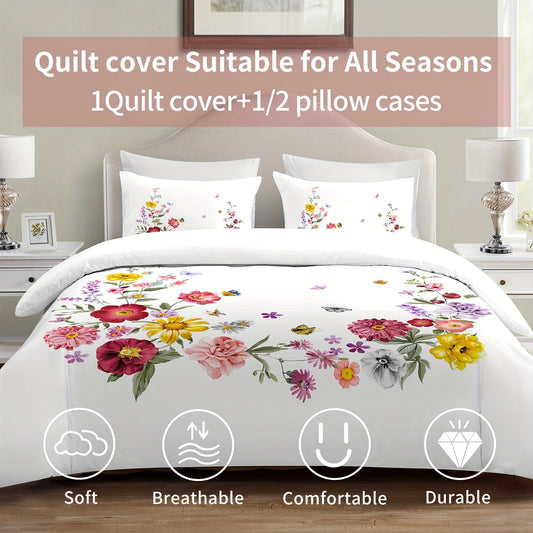 2/3pcs Vibrant Floral Duvet Cover Set - Soft, Comfortable, and Breathable Bedding with Colorful Flower Print - Ideal for Bedroom and Guest Room, Includes 1 Duvet Cover and 1/2 Pillowcase, No Core