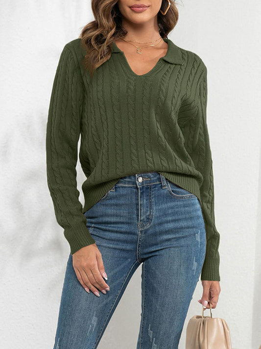xakxx Long Sleeves Loose Solid Color Split-Joint Lapel Sweater Tops