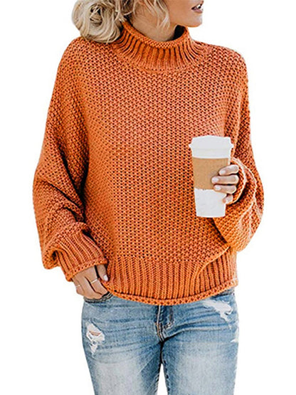 xakxx Casual Long Sleeves Solid Color High-Neck Sweater Tops