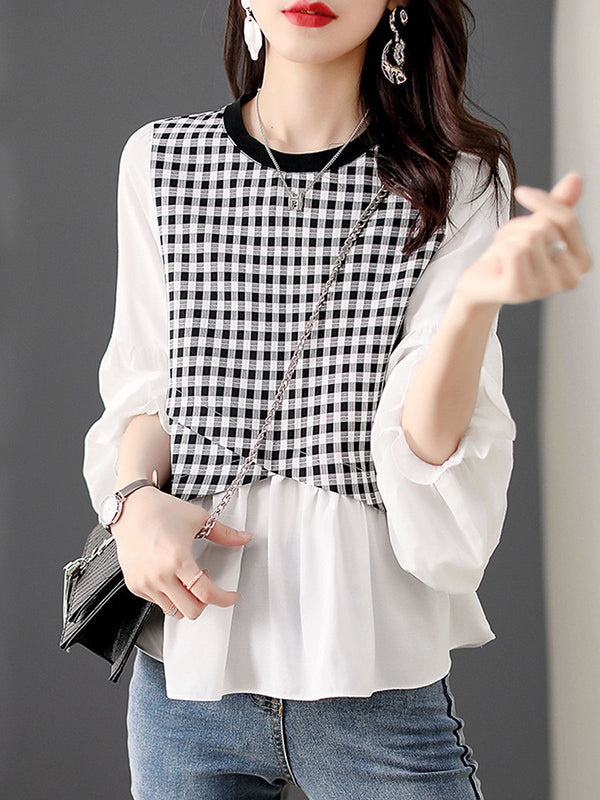 xakxx Long Sleeves Loose Elasticity Plaid Split-Joint Round-Neck T-Shirts Tops