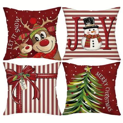 4pcs, Merry Christmas Throw Pillow Covers, Cute Reindeer Snowman Xmas Tree Stripes Print Cushion Covers, 18in*18in, Winter Holiday Farmhouse Home Decor Pillowcases, For Porch Patio Couch Sofa Living Room Outdoor, Set Of 4, Without Pillow Inserts