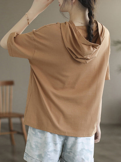 xakxx Short Sleeves Hooded Solid Color Hooded T-Shirts Tops