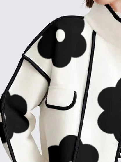 xakxx Long Sleeves Loose Contrast Color Flower Print Split-Joint Stand Collar Jackets Outerwear Woolen Coat