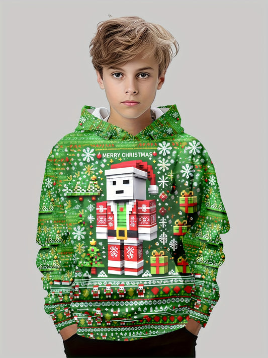 Boy's 3D Printed Christmas Toy Brick Santa Claus Hoodie, Spring Autumn Winter Long Sleeve Hooded Sweatshirt With Pocket, Outdoor Casual Top