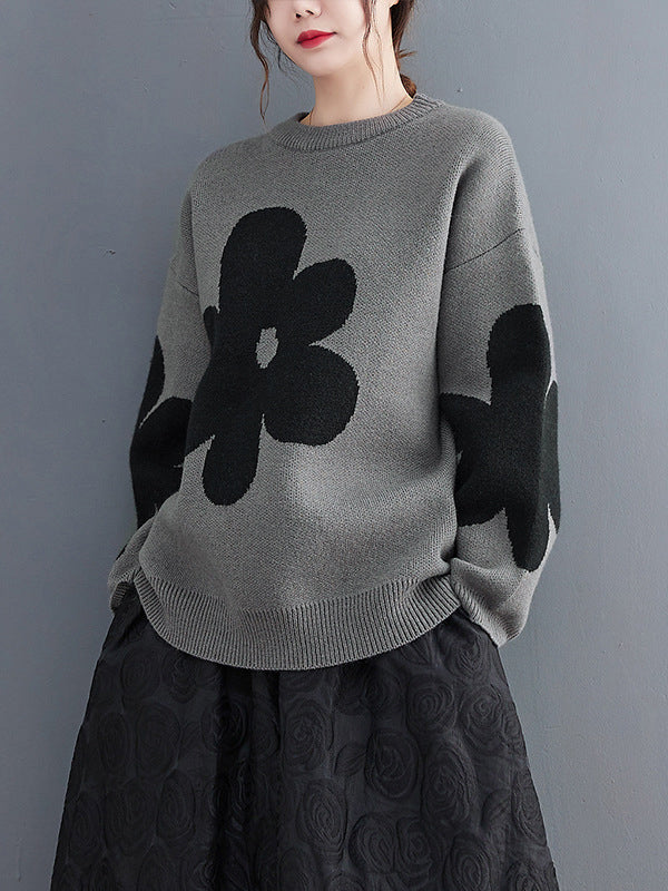 xakxx Casual Loose Long Sleeves Contrast Color Jacquard Round-Neck Sweater Tops
