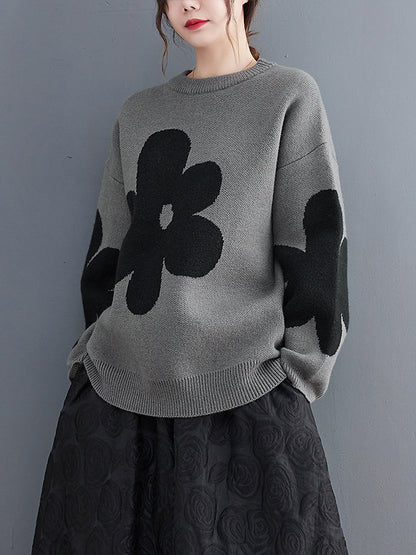 xakxx Casual Loose Long Sleeves Contrast Color Jacquard Round-Neck Sweater Tops