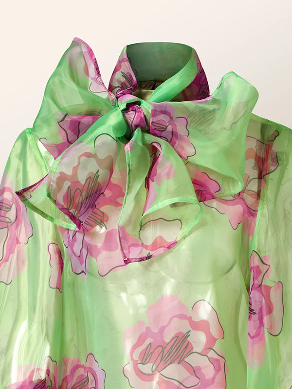 xakxx Loose Puff Sleeves Bow-Embellished Floral Printed See-Through Stand Collar Blouses&Shirts Tops