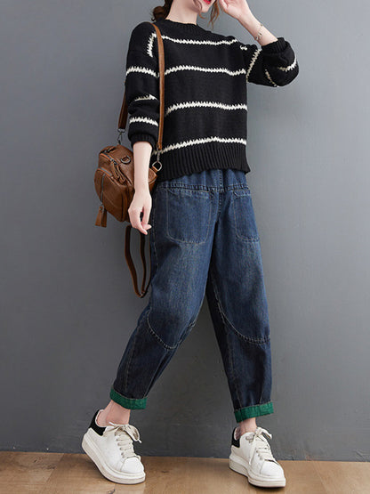 xakxx Casual Loose Long Sleeves Striped Round-Neck Sweater Tops