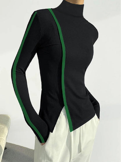 xakxx Urban Long Sleeves Skinny Contrast Color Split-Side High-Neck T-Shirts Tops