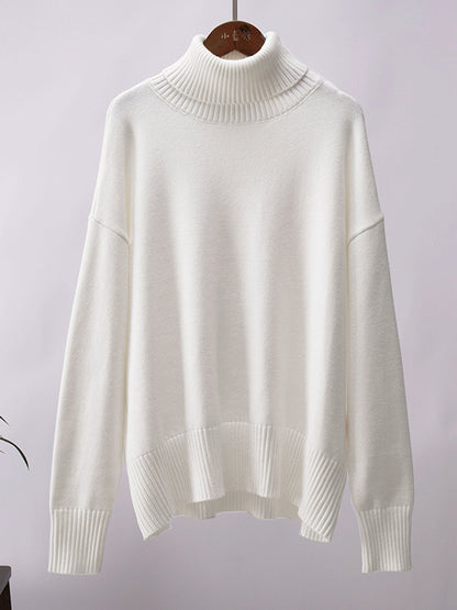 xakxx Long Sleeves Loose Solid Color High Neck Knitwear Pullovers Sweater Tops