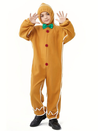 Boys' Fun Holiday Jumpsuit - Long Sleeves Hooded Gingerbread-Themed Polyester Party Apparel for Role-Playing Events
