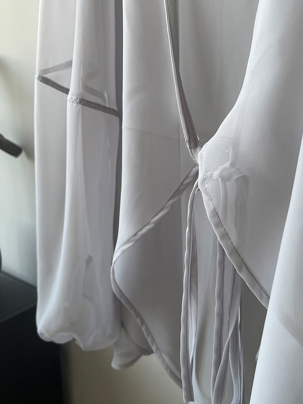 xakxx Bishop Sleeve Long Sleeves See-Through Split-Joint Tied Collarless Blouses&Shirts Tops