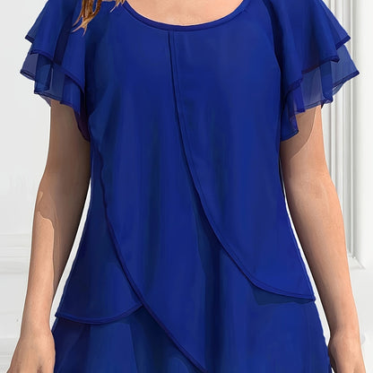 Vibrant Color Crew Neck Blouse - Ruffled Sleeve, Layered, Casual, Spring & Summer Essential - Women's Clothing for Everyday Wear