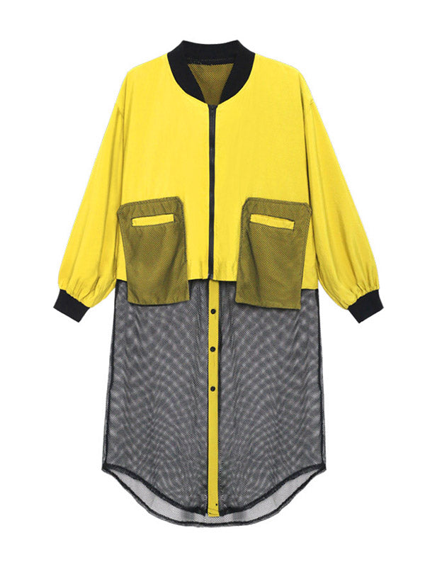 xakxx Stylish Split-Joint With Pocket Mesh Buttoned Stand Collar Long Sleeves Jacket Outwear