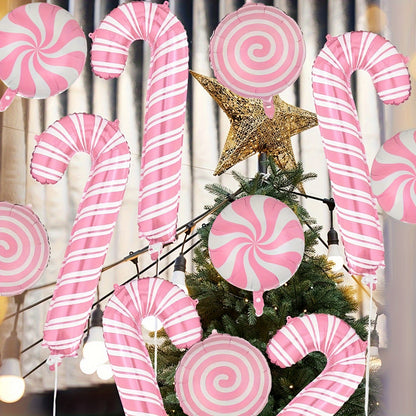 6pcs 18-inch Pink Candy Windmill Round Ball Large Crutch Christmas Stick Balloon Christmas New Year Party Decoration Balloon, Best for Christmas