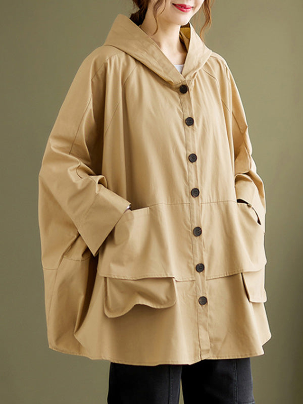 xakxx Loose Solid Color Buttoned Hooded Long Sleeves Trench Coat