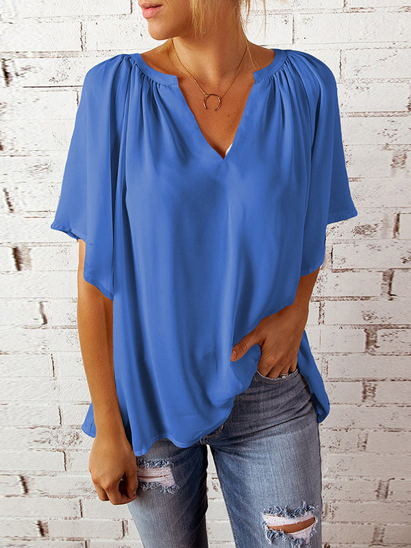 xakxx Simple Casual Solid Color Loose Pleated Half Sleeves T-Shirt Top