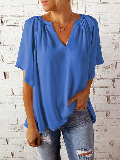 xakxx Simple Casual Solid Color Loose Pleated Half Sleeves T-Shirt Top